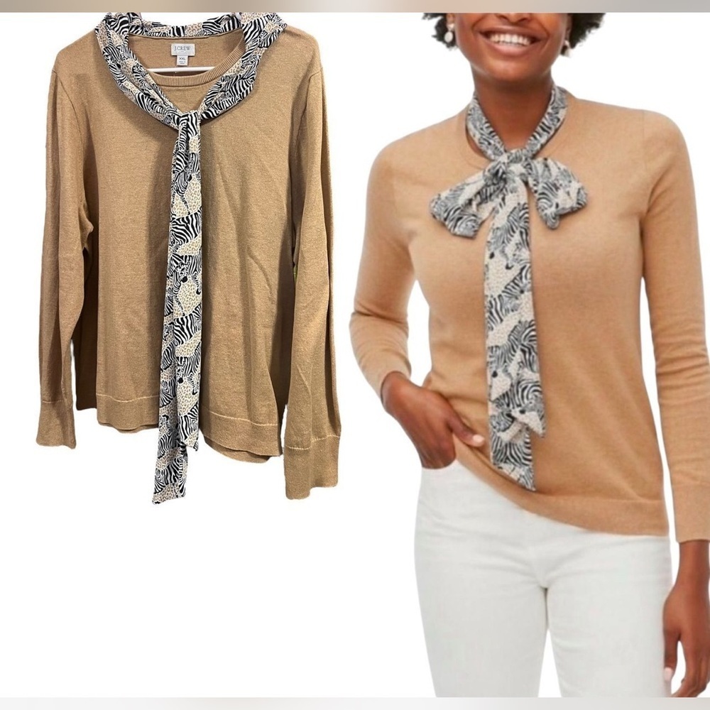 J. Crew Camel Brown Sweater with Zebra Print Attached Scarf new with tags